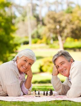 Retired couple playing chess in a park