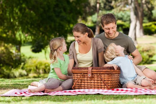 Joyful family picnicking in the park during the summer