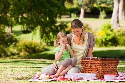 Mother and her daughter picnicking in the park during the summer