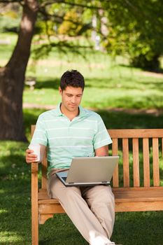 Man working on his laptop in the park during the summer 