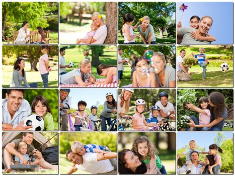 Montage of young adults having fun with their children in the park
