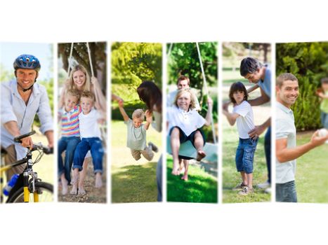 Montage of families spending time having fun together outdoors