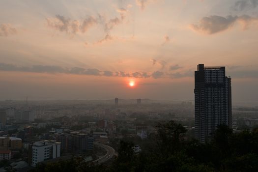 Building and skyscrapers while sunrise at Pattaya of Thailand