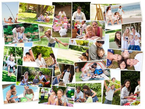 Collage of cute families having fun outdoors