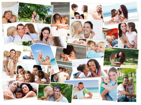 Collage of cute families hugging outdoors and at home