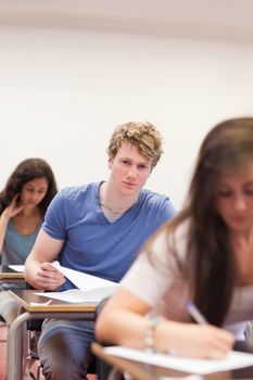 Portrait of young students having a test in a classroom