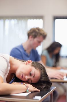 Portrait of a tired student sleeping in a classroom