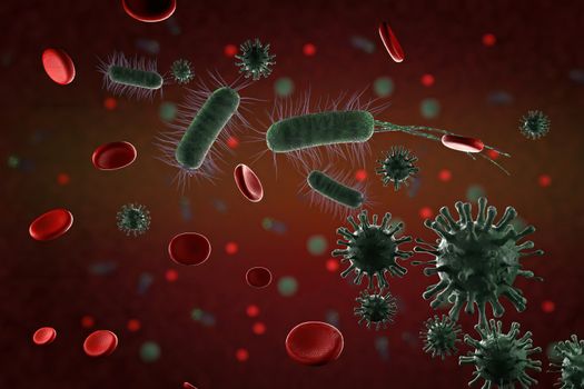 3d illustration, close up of microscopic Virus, Bacteria and Red blood cells