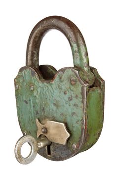 old padlock with key on a white background 