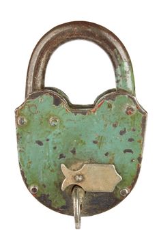 old padlock with key on a white background 