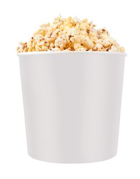 Full bucket of popcorn. Isolated on white