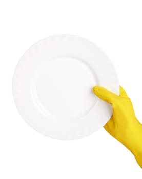 Hand in rubber glove with a plate on a white background. 