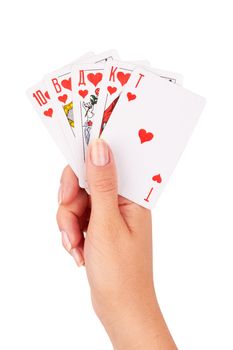 playing card in hand isolated on white