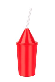 Plastic red glass with pipe on white background 