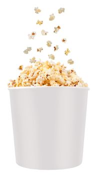 Full bucket of popcorn. Isolated on white 