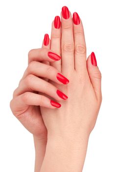 Hand with nail red manicure isolated on white background