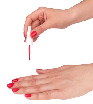 Hand with nail red manicure isolated on white background