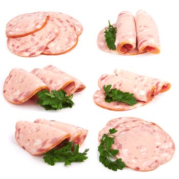 Set slices of ham on white background 