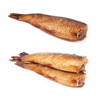 Smoked sprats in oil on white background