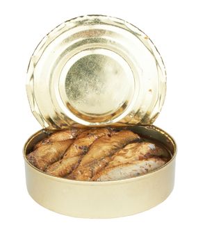 semi open a tin of sprats is isolated on a white background 