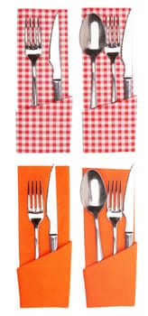 knife and fork on a napkin isolated on a white 