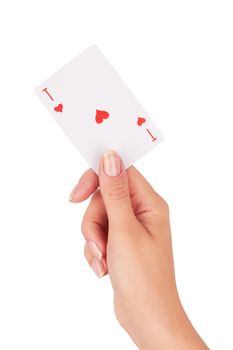Ace of hearts in hand on a white 