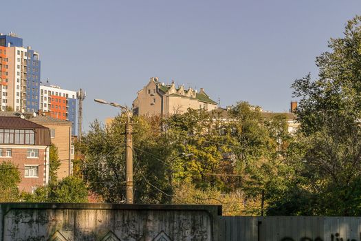 Dnipro city, Ukraine landscape of housing estate with power line in front