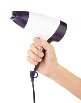Compact hairdryer in hand isolated on the white background 