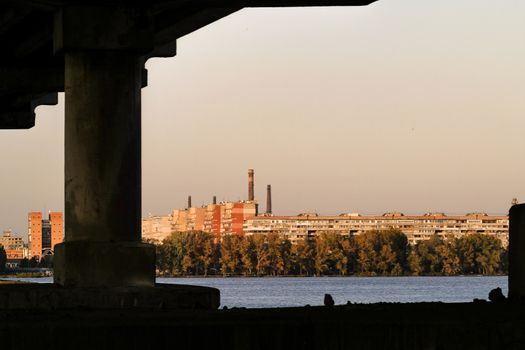 Dnipro city view from under the bridge across Dnipro river