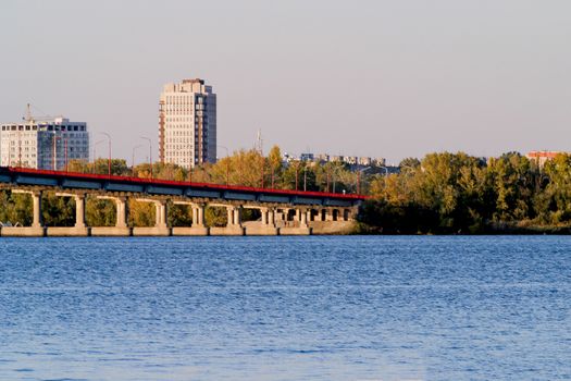 Left side of Dnipro city, Ukraine. Panoramic view of Dnipro river. he photo is taken on 13.10.19