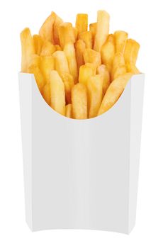 French fries in a white carton box isolated on white