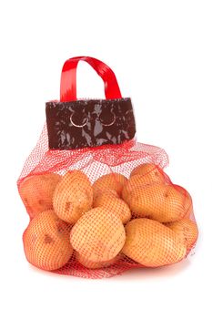 A red mesh bag with potato on a white
