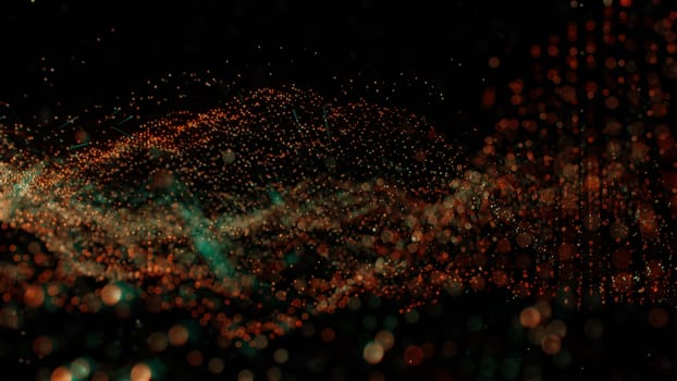 Plexus of abstract orange and green dots on a black background. Loop animations. 3D illustration