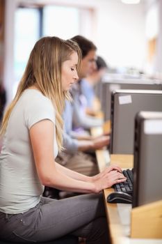 Portrait of a focused student using a computer in an IT room