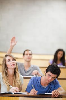 Portrait of students taking notes while their classmate is raising his hand in an amphitheater