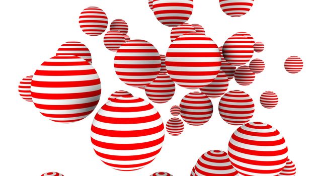 Cheerful3d illustration of a lot of red and white spheres flying in the white background. They look holographic, festive, and psychedelic