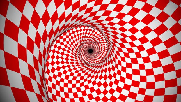 Exciting 3d illusion of rotating red and white optical illusion squares shaping a curvy portal. It looks futuristic, psychedelic and fine.