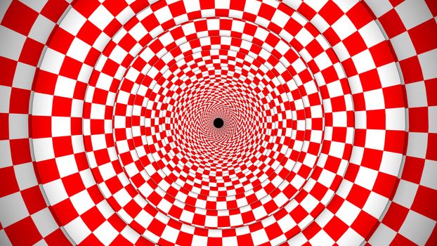 Wonderful 3d illusion of red and white optical illusion squares forming a straight tube looking portal. It creates optimistic, psychedelic and funny mood.