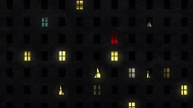 Astonishing 3d illustration of a middle red window in a black ghetto multistory house encircled with several yellow light windows. It inspires optimism.