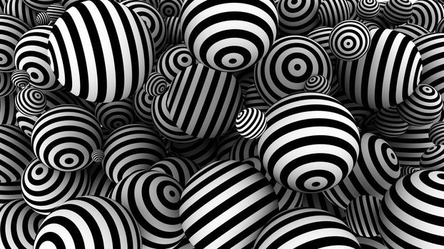 Opt art 3d rendering of many black and white spheres creating a hypnotic effect. They shape some circling illusion and look cheerful and beautiful.