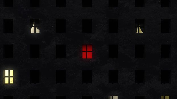Thought provoking 3d illustration of a central red window in a black ghetto multistory building shaping hope. Yellow windows are in the corners.