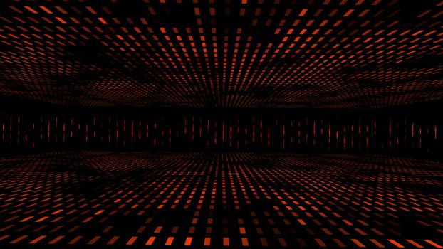 Arty 3d rendering of a hypnotic dotted black and red cubic tunnel having infinity perspective. It impresses with the graphic exactness of its lines.