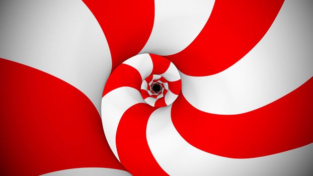 Beautiful 3d rendering of revolting red and white optical illusion stripes looking like a large fan. They create volumetric and hypnotic effect