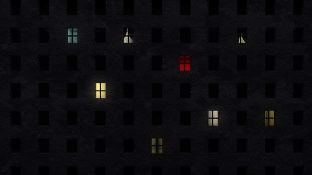 Original 3d rendering of a red window in a dark ghetto multistory building. Several more windows are lit. They create the feeling of optimism and hope.