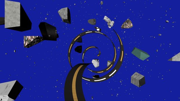 Dynamic 3d illustration of a curvy dark stripe spiraling among grey stones rushing like asteroids in dark blue universe with sparkling stars. It looks arty.