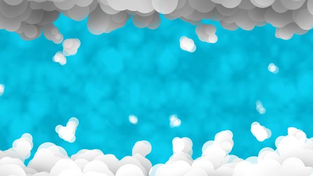 Striking 3d rendering of a light blue window in cottony white and grey clouds. It looks like a ray of hope and creates cheerful and optimistic mood.