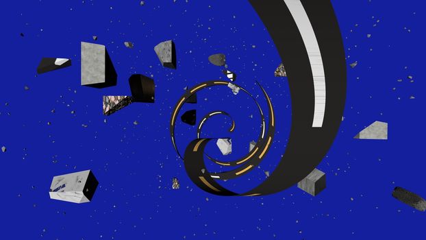Hypnotic 3d illustration of a black and white stripe spiraling among grey stones soaring in dark blue universe with tiny stars. It looks fine and cheery.