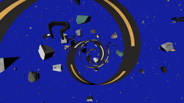 Original 3d illustration of a black and yellow stripe spiraling among stones flying in dark blue universe. It looks impressive, artistic and unusual.