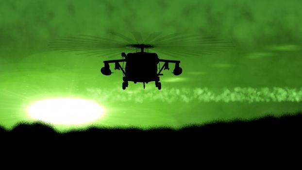Gorgeous 3d rendering of an armed Apache helicopter silhouette flying at sparkling green sunset. It looks threatening and powerful.