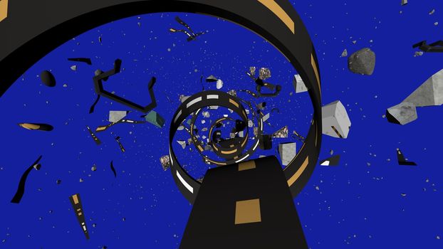 Thought provoking 3d illustration of a black and yellow stripe spiraling among stones dashing in dark blue universe. It looks striking and exciting.